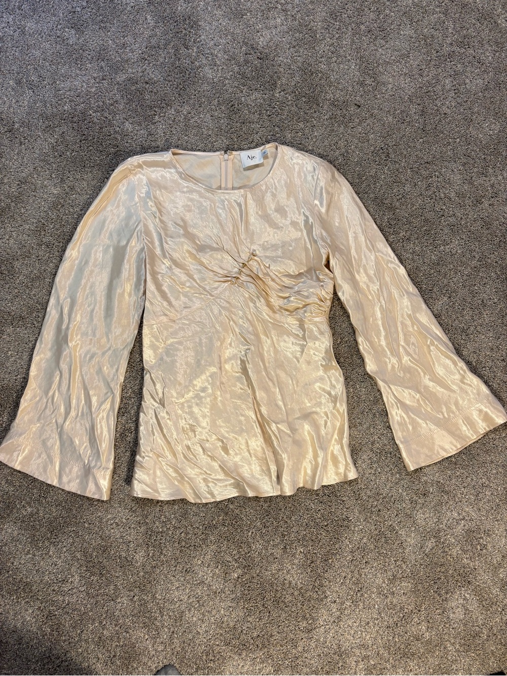 Aje. Beige Satin Ruched Moonglade Pierced Top Blouse Accent Pin Flared Sleeve 14
